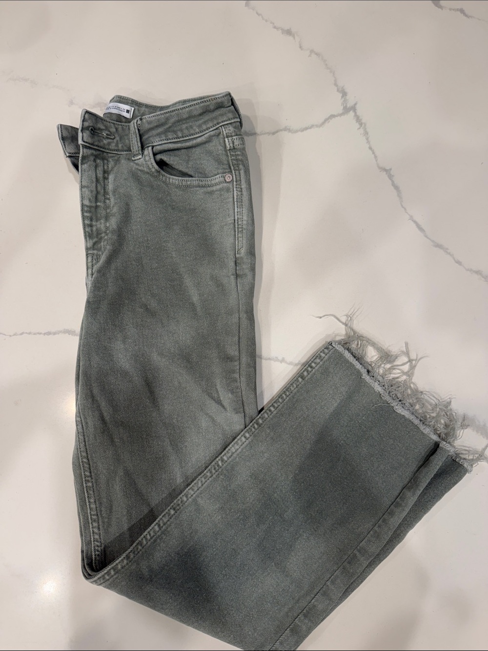 Zara Sage Green Cropped Straight Jeans with Frayed Hem
